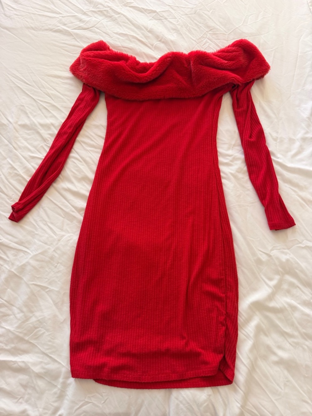 Red Off-Shoulder Ribbed Bodycon Dress